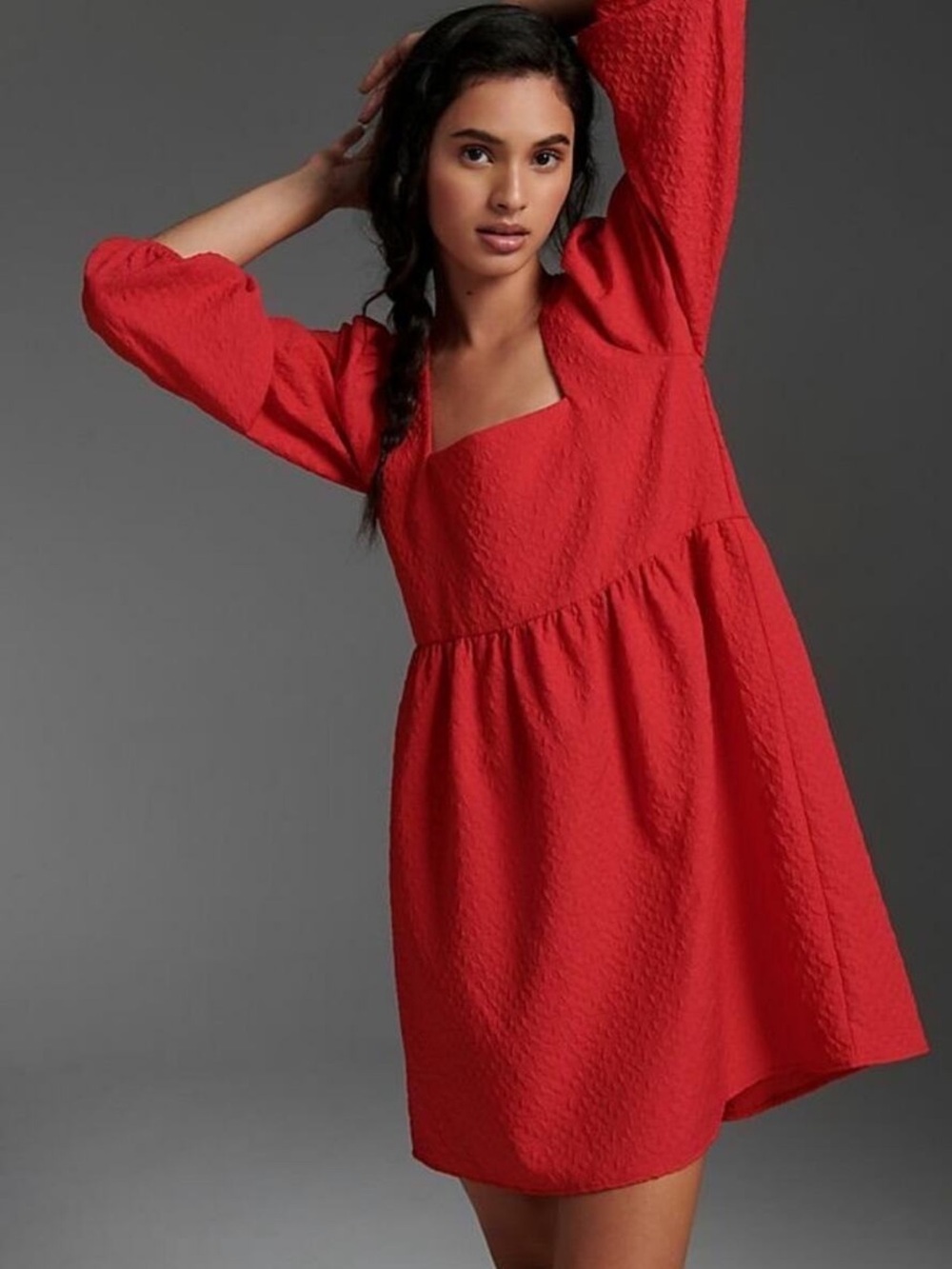Textured Square-Neck Red Mini Dress